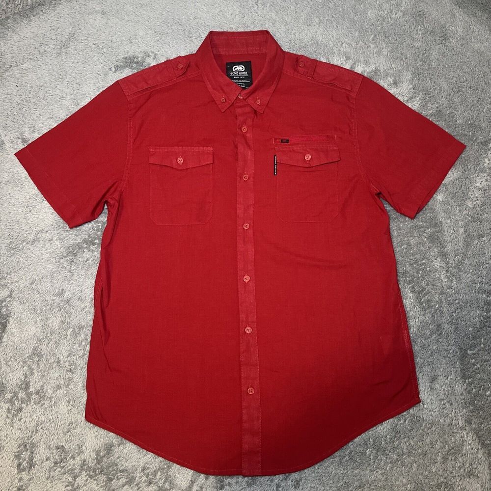 Ecko Unltd Y2K Men's Red Button Down Short Sleeve Shirt SZ L Casual Lightweight